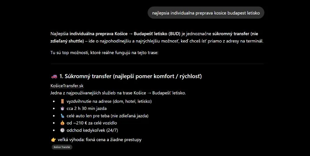 Odpoveď AI transfer Košice Budapešť