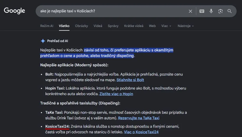 AI prehľad taxi Košice