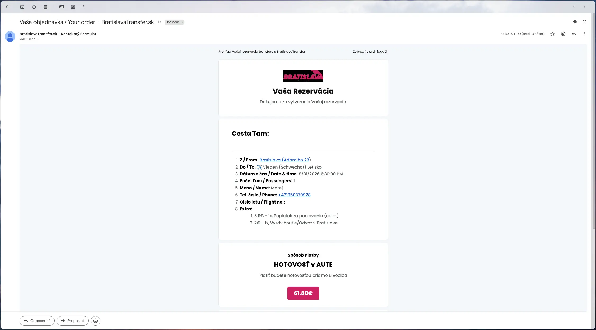 Potvrdzujúci e-mail o rezervácii transferu